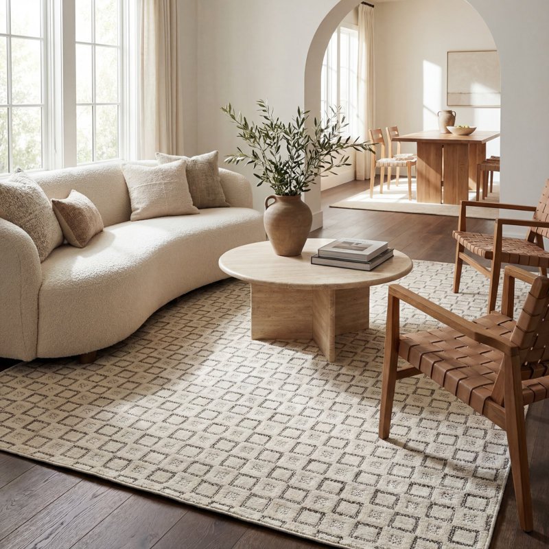 Tapis d'intérieur à motif géométrique crème / beige 8 pi x 10 pi (7 pi 10 po x 10 pi) Tapis de branche, contemporain, à poils courts et résistant aux taches