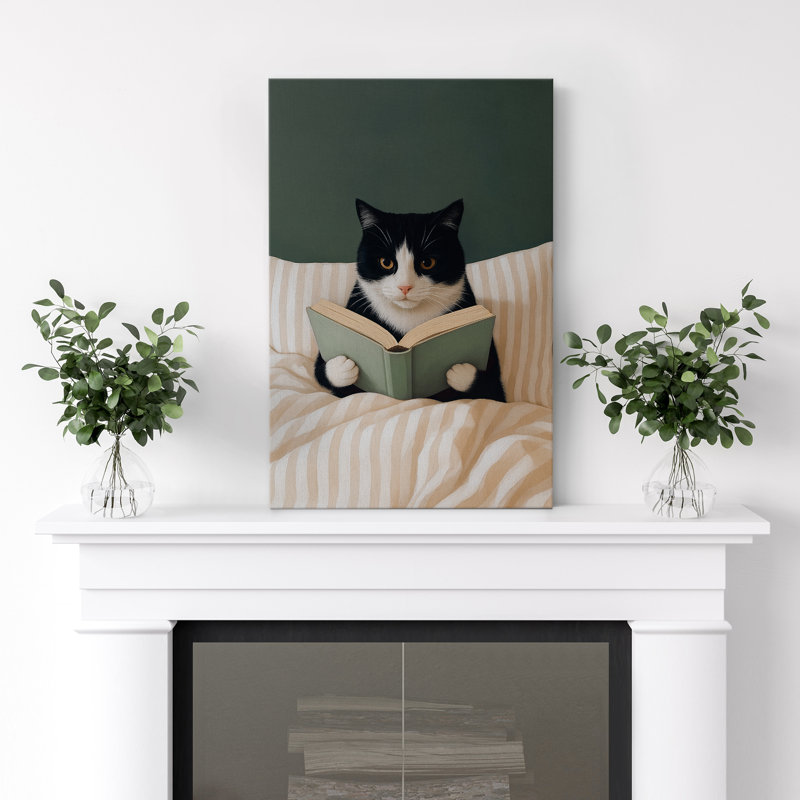 Chat lisant un livre, art mural sur toile - Décor animal fantaisiste pour chambre d'enfant ou bibliothèque, H 24 po x l 16 po