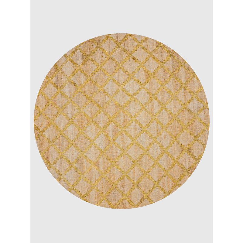 Manns Hand Woven Flat Weave Kilim Jute Eco-Friendly Solid Area Rugs - 6' x 6', Round, Beige Gold Color, Geometric Modern Design, Low Pile, Natural Fiber, Outdoor Indoor Handmade Area Rugs for Living Room, Bed Room