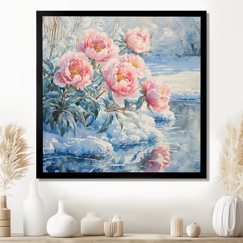 Pivoines au bord de la rivière gelée III - pivoines, art mural large, Reproduction encadrée d'une seule photo