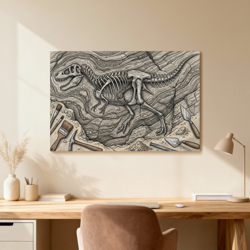Dinosaur Skeleton Excavation Tools Artwork, 12" H x 18" W, Light Wood Grain, Single Picture Framed