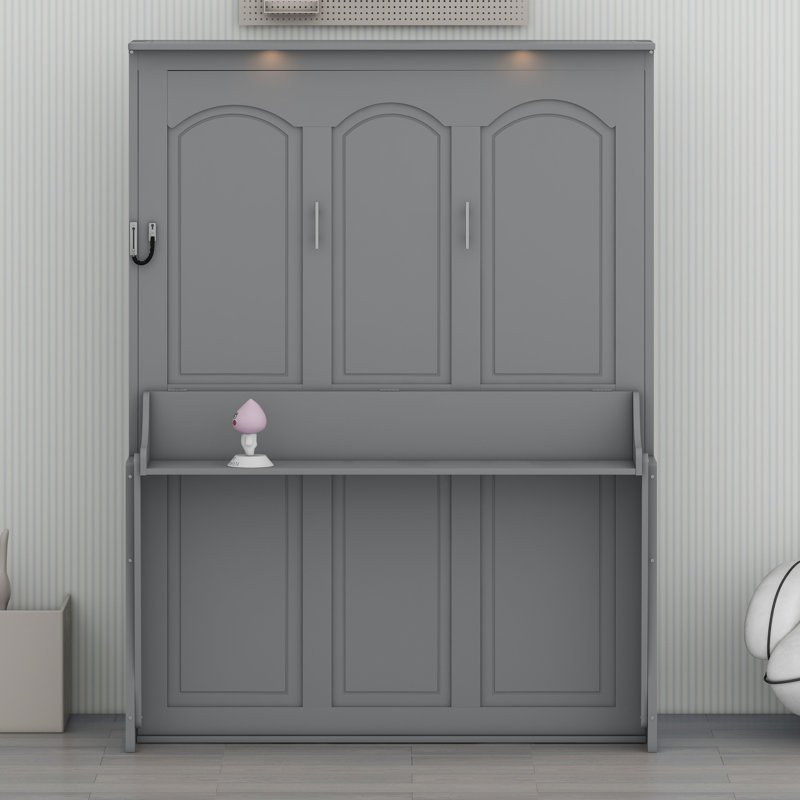 Lit escamotable peu encombrant avec bureau intégré, éclairage DEL et station de charge USB, Gris