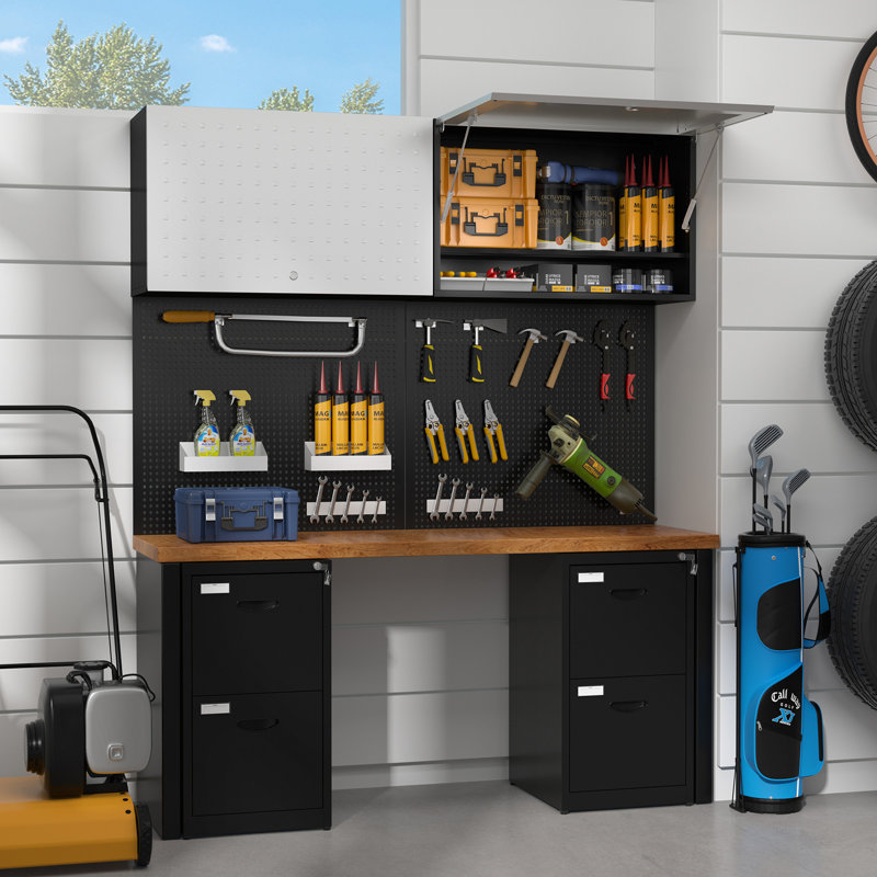  Metal Wall Cabinet, , Black Garage Cabinet Wall Mounted with Gas Spring & Lock, Wall Mount Tool Cabinet for Workshop, Warehouse, Enclosed Trailers Cabinet, 13"D x 32"W x 14"H