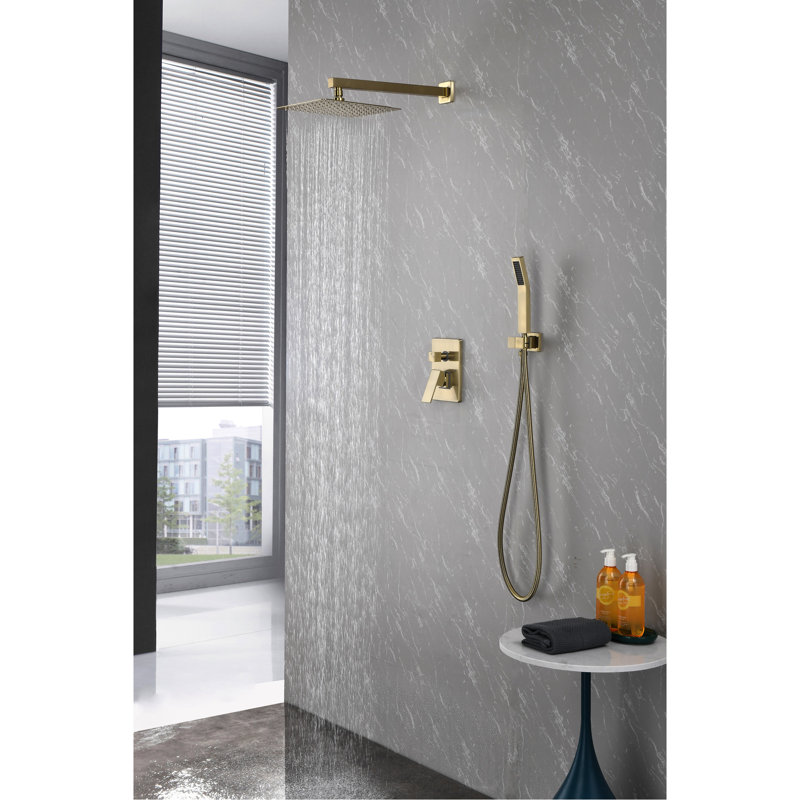 Brushed Gold Shower Faucet With 10 Inches Rain Head And Handheld, Wall Mounted High Dual System Trim For Bathroom Handheld , Valve