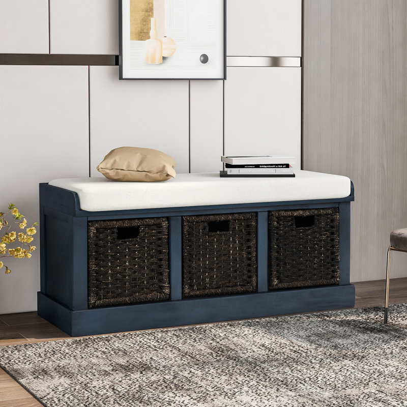 Banc de rangement rustique avec 3 paniers en rotin classiques amovibles, Bleu marine antique