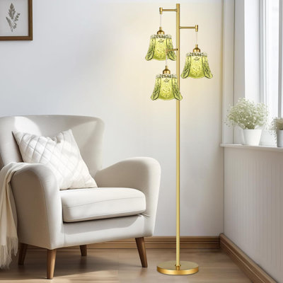 69-inch Green Bohemian-style Three-head Floor Lamp With Glass Floral Shade And Iron Base Frame, Suitable For Living Rooms, Studies, And Bedrooms.