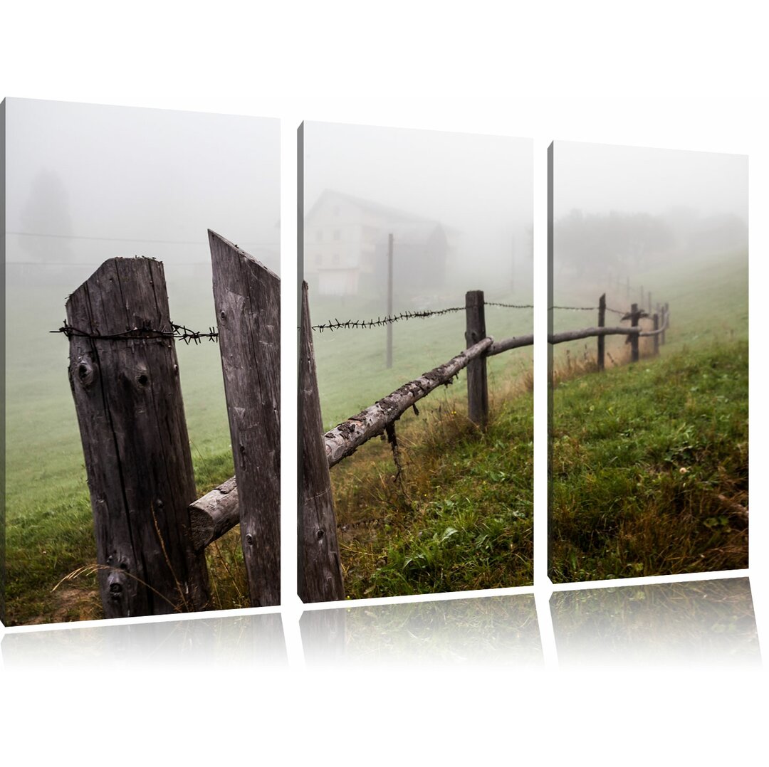 3-tlg. Leinwandbilder-Set „Rustikaler Holzzaun auf Wiese“, Fotodruck 