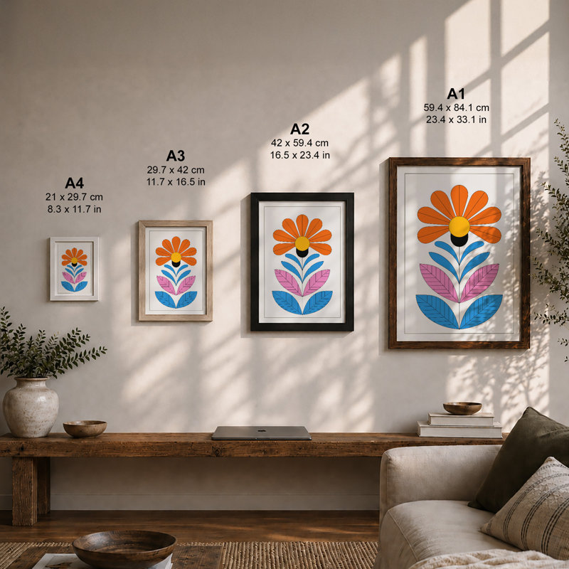 Geometric Daisy Botanical - Framed Print, Black, A3 - 42.0 x 29.7 cm