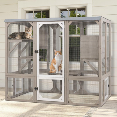 Outdoor Catio Cat Enclosure with 4 Platforms and Resting Room, Weather-Resistant Expandable Catio for Window or Door Attachment, Gray