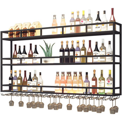 Grand support à vin de 39 po avec lumières DEL et porte-verre mural, 3 tablettes de rangement flottantes pour boissons alcoolisées suspendues en métal à verres à pied pour la maison