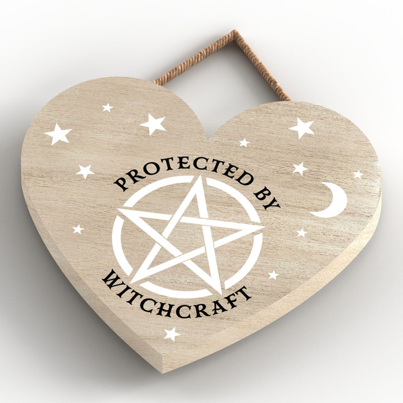 Protected by Witchcraft Wooden Heart Plaque, Brown, 10cm H x 9cm W x 0.5cm D
