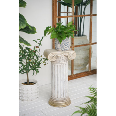 10X8.5X20.5" Antique White Magnesium Pedestal Stand With Ribbed Column Design And Gold Base
