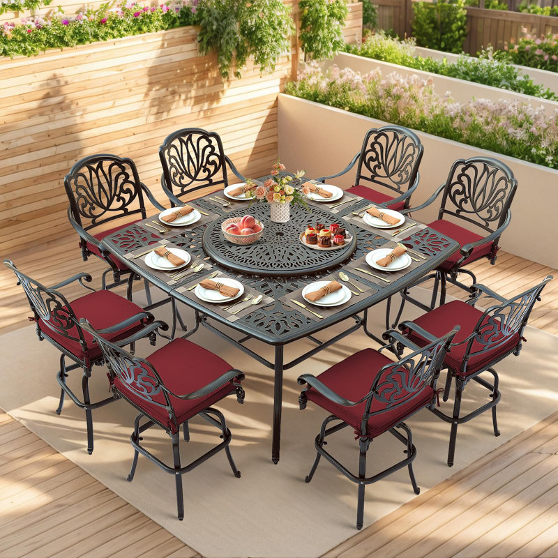 10-Piece Outdoor High Patio Dining Set, All Weather Cast Aluminum Outdoor Bar Table And Chairs Set, Includes 8 Swivel Bar Stools & 63.98" Bar Height Dining Table With 35.38" Lazy Susan, Umbrella Hole