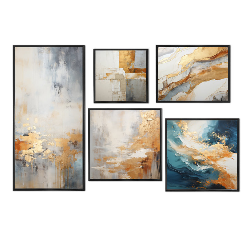 Minimalisme beige et vague dorée horizon I - ensemble de 5 reproductions d'art sur toile minimalisme côtier