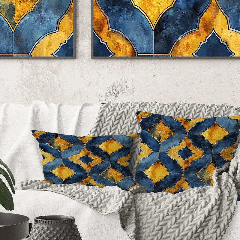 Bleu, jaune, moderne, losange I - coussin décoratif moderne, H 16 po x l 16 po