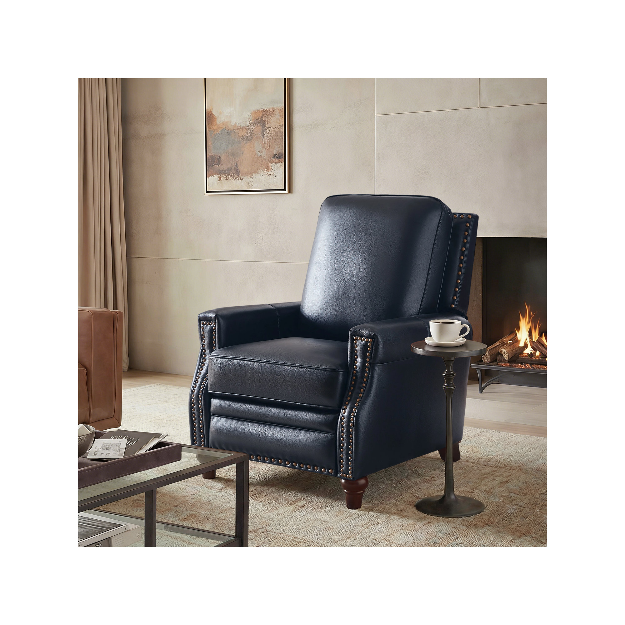 Andrena Genuine Leather Recliner with Nailhead Trim, Genuine Leather Navy