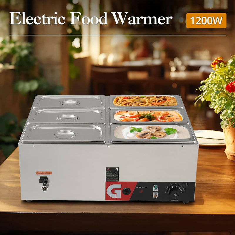 Chauffe-plat commercial 6 casseroles - 6 x 6,3 pte, table à vapeur électrique 1200W
