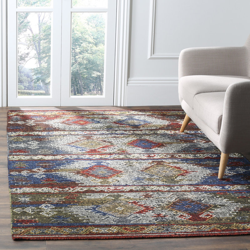 Elan Hand Woven Flat Weave Wool/Cotton Ikat Rug in Blue, Rectangle 4' x 6'