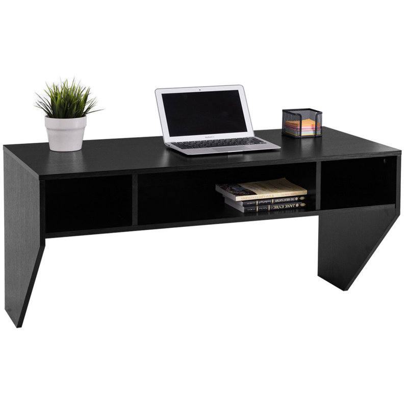 Yves Modern Wall Mounted Floating Computer Table Desk with Storage Shelves, Black