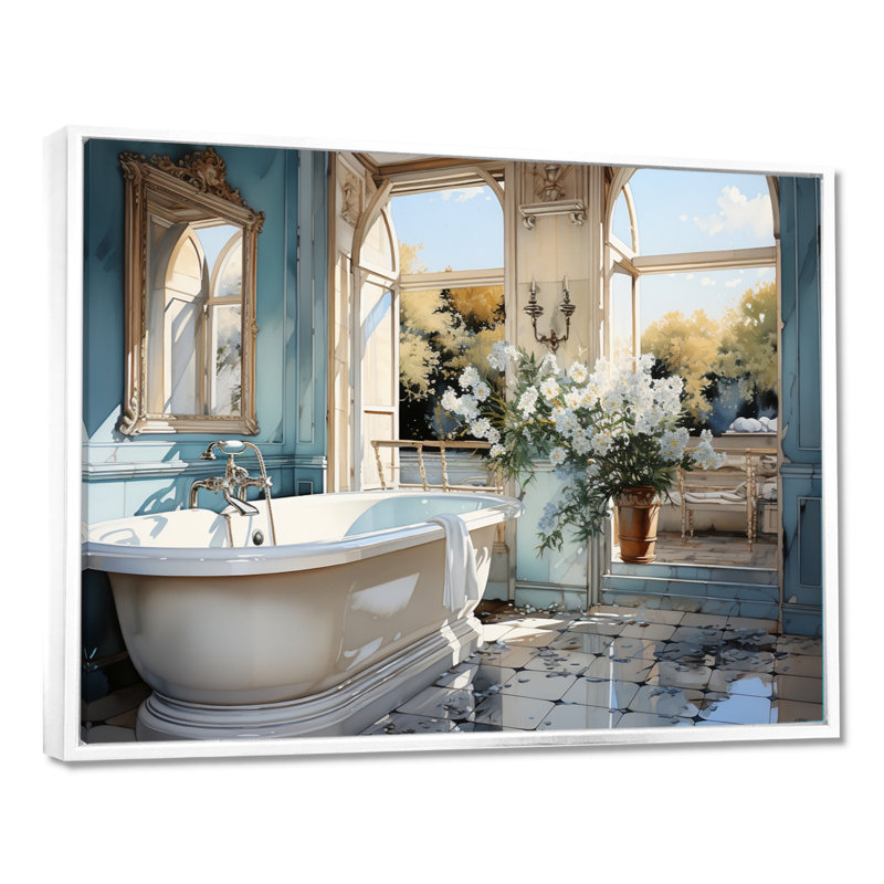 Bathroom Bathroom Reflections Of I - Impression sur toile encadrée, H 34 po x l 44 po x P 1,5 po, Cadre flottant blanc