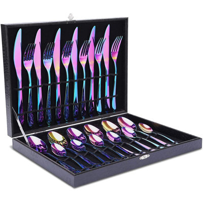 Rainbow Cutlery Set, 24 Piece Flatware Set Stainless Steel Silverware Set 6 People Dinnerware Cutlery Set With Knife Fork Spoon For Home Restaurant And Housewarming Gift (Rainbow)