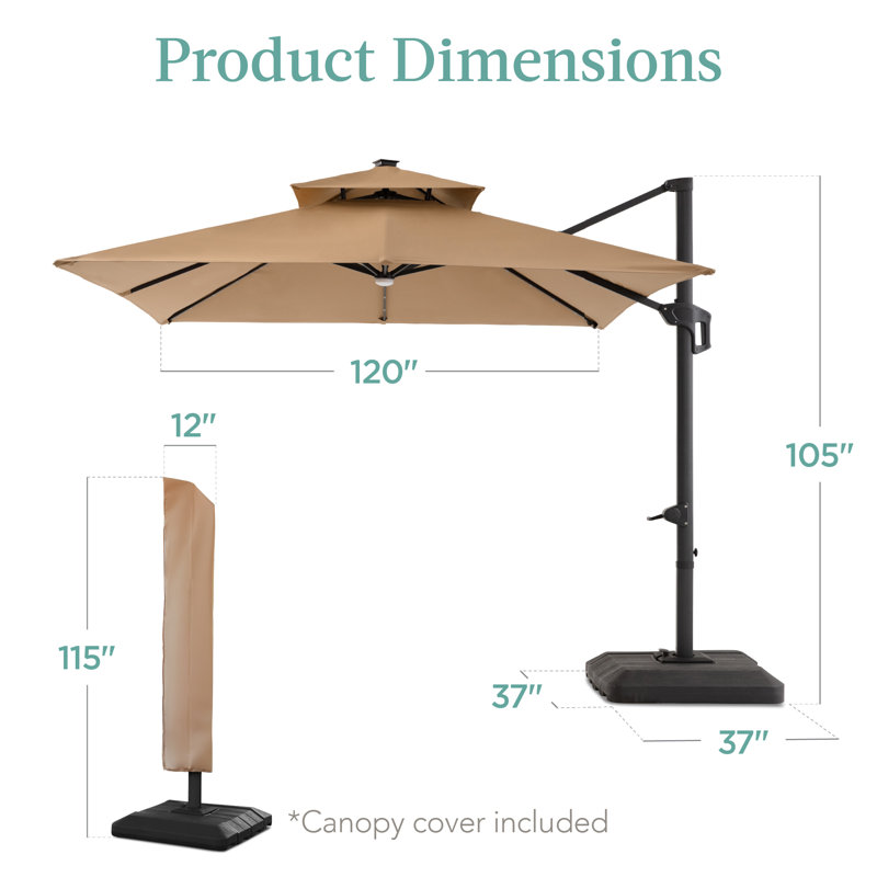Tan 10x10ft 2-Tier Square Outdoor Solar LED Cantilever Umbrella
