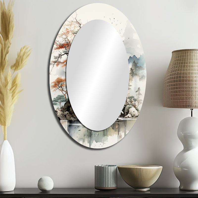 Asian Art Fantasy Sumi II - miroir mural ovale vert, 36 po x 24 po