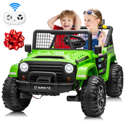 24V Kids Ride On Car 2 places, Jeep électrique verte avec télécommande, 4 roues motrices / 2 roues motrices, suspension, Bluetooth, siège double pour enfants en bas âge