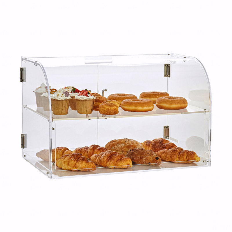 Vitrine de comptoir de boulangerie commerciale à 2 niveaux, boîte de présentation en acrylique avec porte arrière et tablettes amovibles