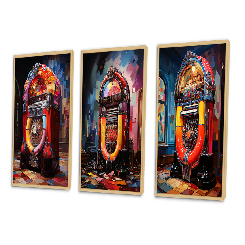 «Jukeboxes Nostalgic Melody», 3 pièces sur toile, Encadré naturel, H 32 po x l 48 po