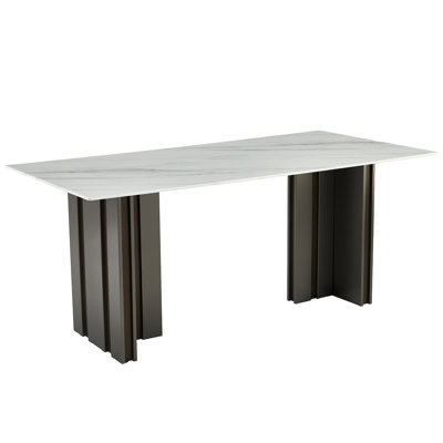 69.30 Inch Rectangular Dining Table, Modern Style, Tempered Glass With Marble Texture Tabletop, Matte Brushed Table Legs, Suitable For 4-6 People