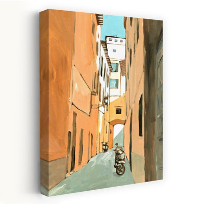 Toscane, ruelle étroite, ciel bleu, paysage urbain, peinture, art naturel, art contemporain