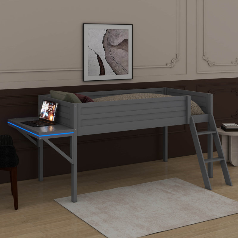 Lit mezzanine simple en bois avec DEL et bureau, Lit simple