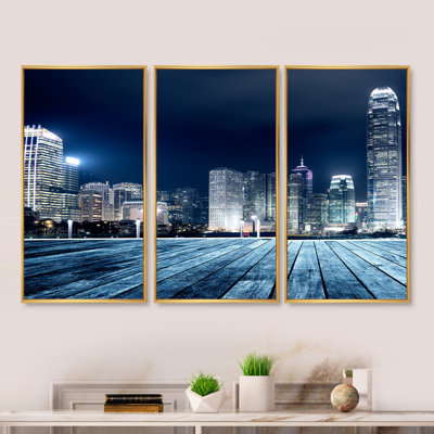 «Blue Hong Kong City Skyline - Cityscape», ensemble d'art mural sur toile encadré