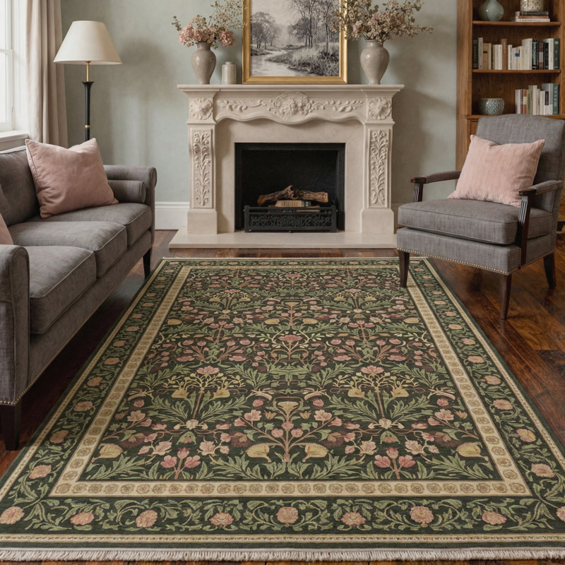 Floral Foliage Vintage Machine Washable Sage Indoor Area Rug With Non-Slip Backing, Rectangle 6' x 9'