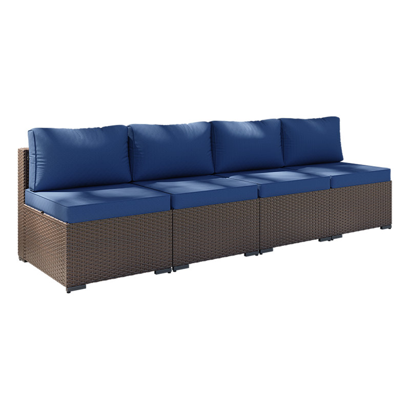 4 -Person Rattan Patio Safo With Cushions, Brown, Dark Blue