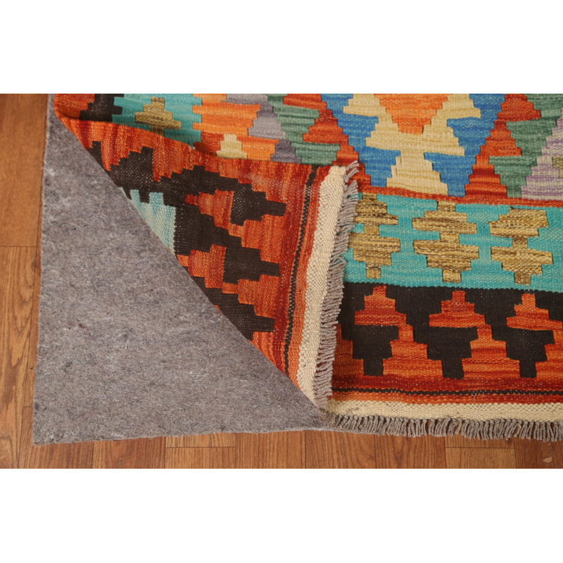 Tapis bleu / vert / jaune en laine tissé à plat à la main à motif rectangulaire 6 pi 6 po x 9 pi 10 po Ikat