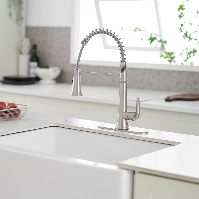 Spring Single Handle Pull-Down Sprayer Kitchen Faucet Deckplate Included In Stainless Steel, Brushed Nickel