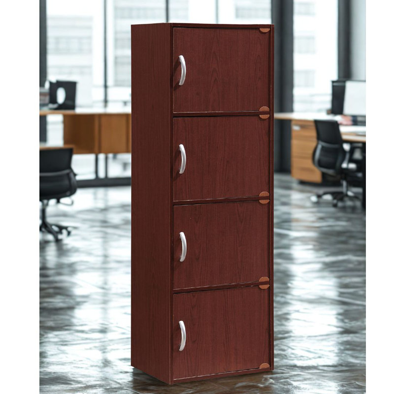 4-Doors, 4-Shelf Bookcase 47.3 in. Tall Enclosed Storage 4-Tier Bookshelf for Home or Office, Mahogany