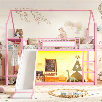Lit superposé simple au-dessus d'un lit simple en métal avec glissade, zone de suspension pour vêtements à DEL, tablette de rangement en tissu et prise de courant, structure de lit superposé Child Childhouse