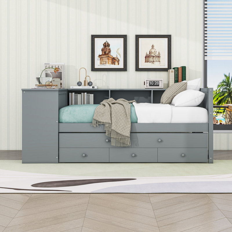 Lit de jour avec couchette, tiroirs de rangement et tablettes, Gris, Lit simple