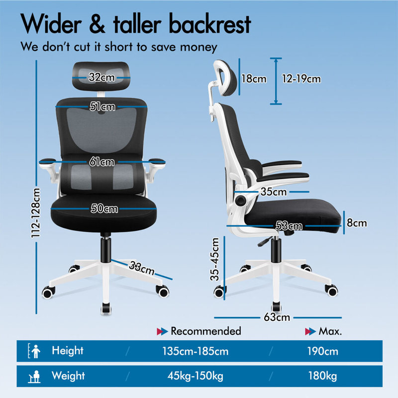 Office Chair with Headrest, White, Black