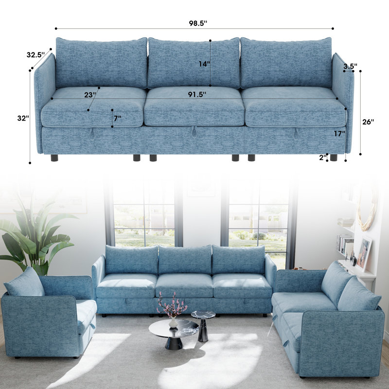 Canapé modulaire 6 places avec rangement caché, canapé convertible avec coussins moelleux, Polyester bleu