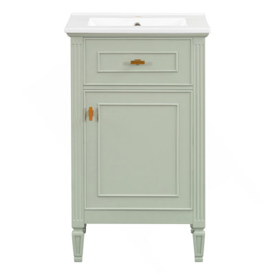 Meuble-lavabo vert de 20 po avec lavabo, pieds en bois, tablette réglable, tiroir inclinable, boutons en alliage de zinc, armoire autoportante moderne pour petite salle de bain