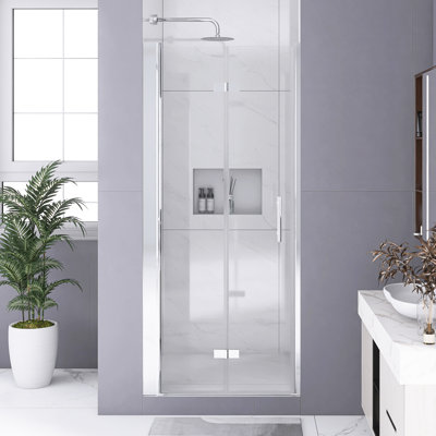 34 In. W × 72 In.H Bifold Shower Door In Chrome | 1/4"(6Mm) Tempered Glass | Aluminum Frame | Explosion Proof Film | Stainless Steelhinge | Magnetic Stripaftracts