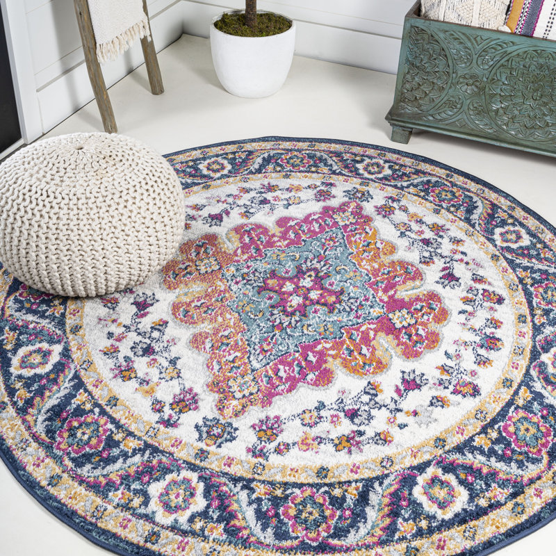 Lathan Power Loom Blue/Yellow/Cream Rug, Round 5'3"