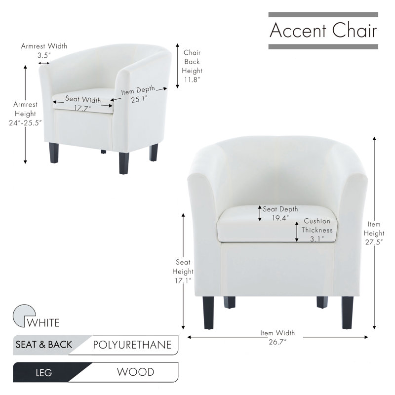 Fauteuil demi-tonneau en cuir 28 po Seldon, White Polyurethane
