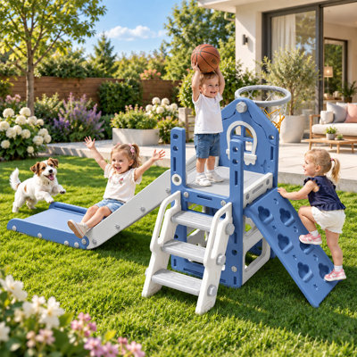Toboggan 6 en 1 pour tout-petits, intérieur et extérieur, avec structure d'escalade, panier de basketball et rangement, glissade en forme de L pour enfants de 1 à 3 ans.