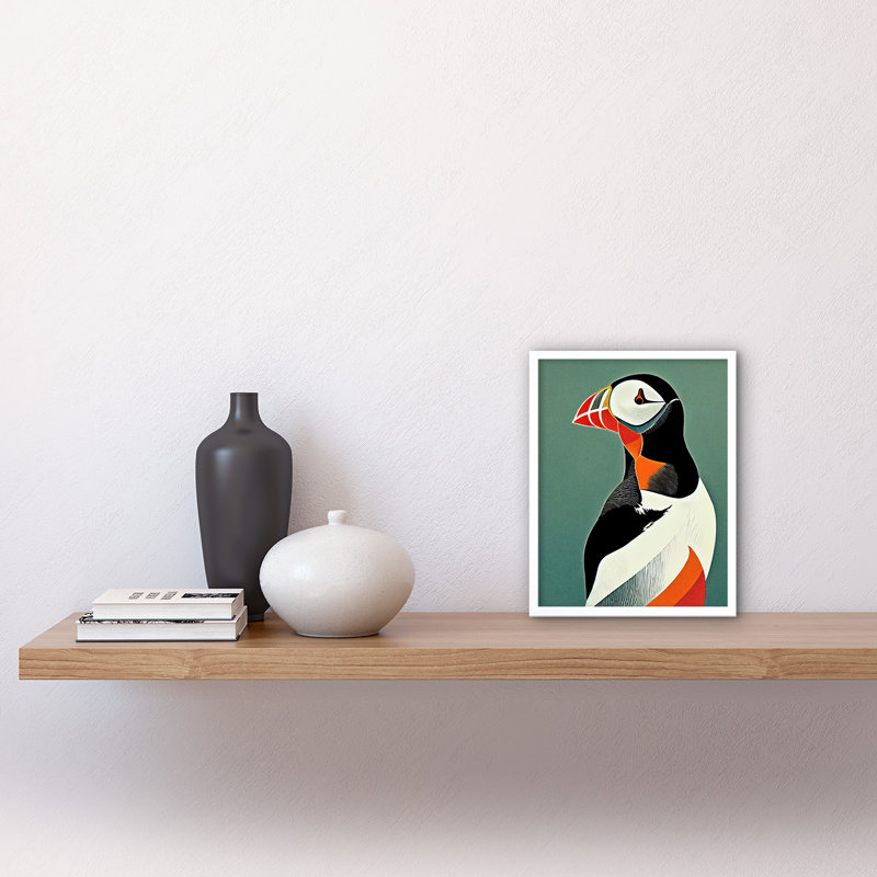 Bright Colourful Atlantic Puffin Bird - Print, White Framed Paper, 25.9cm H x 20.6cm W