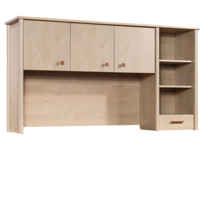 Bureau avec finition brune, panneau léger et pourtant, rangement ouvert avec deux tablettes, compartiment caché, glissières de tiroir et système de gestion des câbles, derrière les portes,